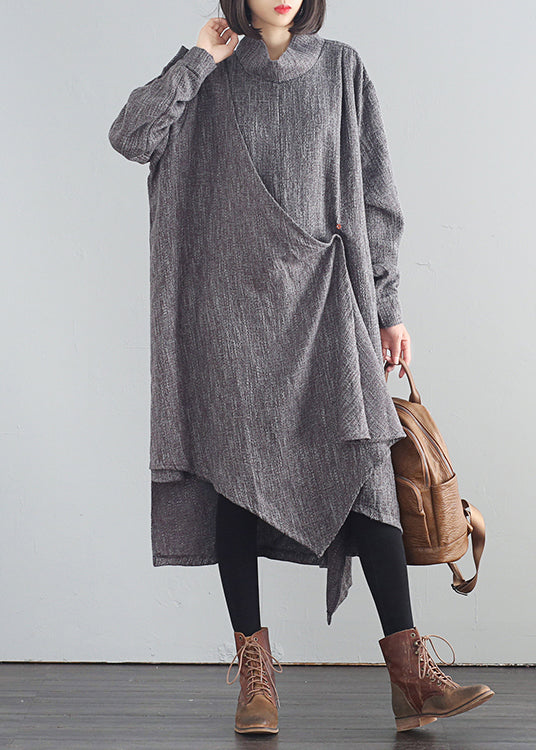 Stilvolle Dunkelgrau Rollkragen Asymmetrische Low High Design Baumwolle Lange Kleider Herbst