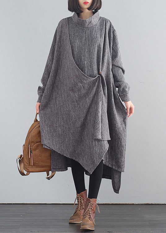Stilvolle Dunkelgrau Rollkragen Asymmetrische Low High Design Baumwolle Lange Kleider Herbst