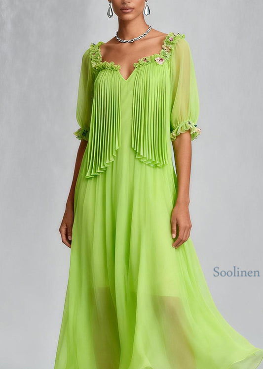 Stylish Fluorescent Green Wrinkled Floral Chiffon Dress Summer
