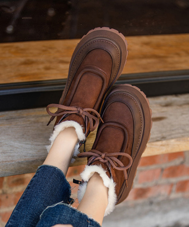 Stylish Fuzzy Wool Lined Splicing Platform Boots Brown Cowhide Leather