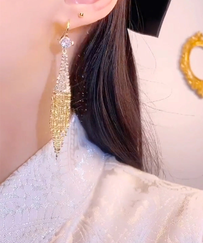 Elegantes pendientes colgantes con borlas y cadena en forma de abanico con circonitas doradas