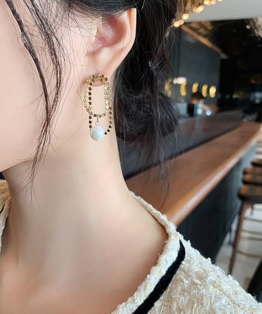 Stylish Gold Srerling Silver Alloy Asymmetrica Pearl Hoop Earrings