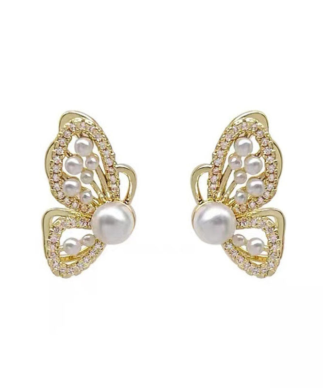 Elegantes pendientes de mariposa con perla y circonita de aleación de plata esterlina y oro