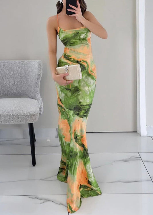 Stylish Green Backless Print Lace Up Maxi Dresses Summer