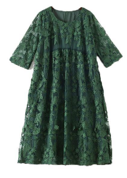 Stylish Green Embroideried Half Sleeve Party Summer Lace Dress - SooLinen
