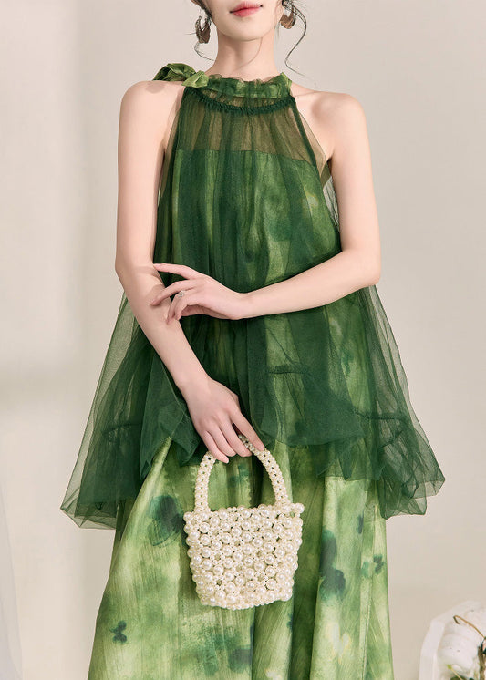 Stylish Green Halter Backless Fake Two Pieces Tulle Long Dress Sleeveless