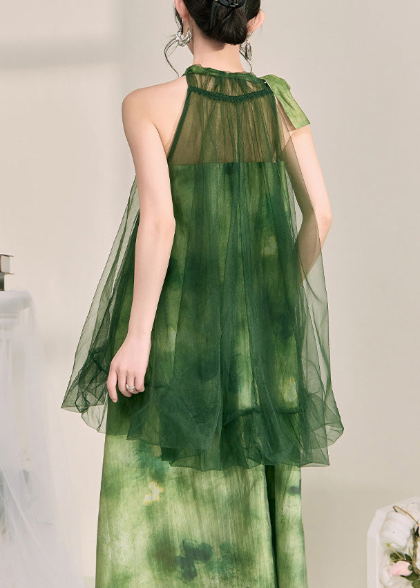 Stylish Green Halter Backless Fake Two Pieces Tulle Long Dress Sleeveless