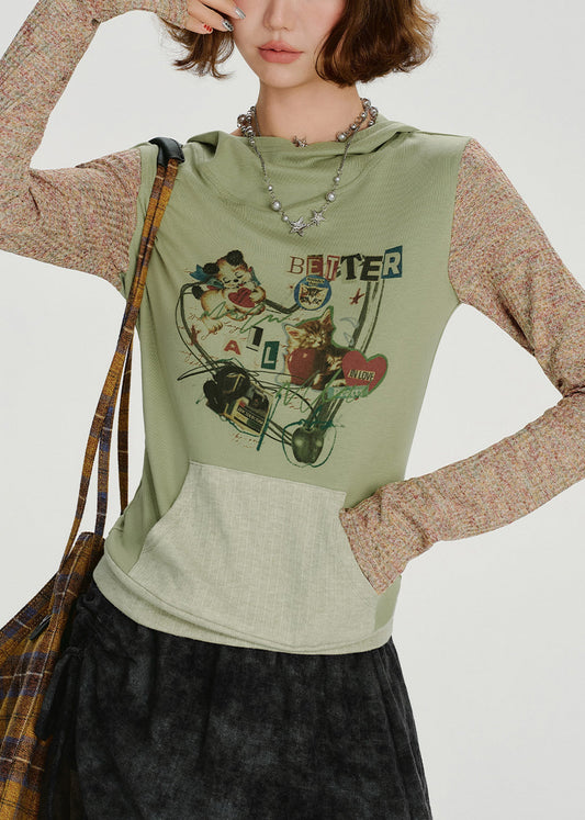 Sudadera con capucha de algodón con patchwork verde elegante para primavera