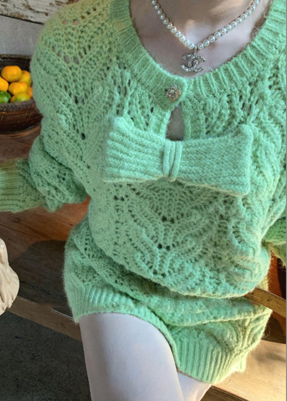 Stilvolles grünes Strickkleid mit Rundhalsausschnitt, Schleifen-Patchwork, mittellang, Frühling