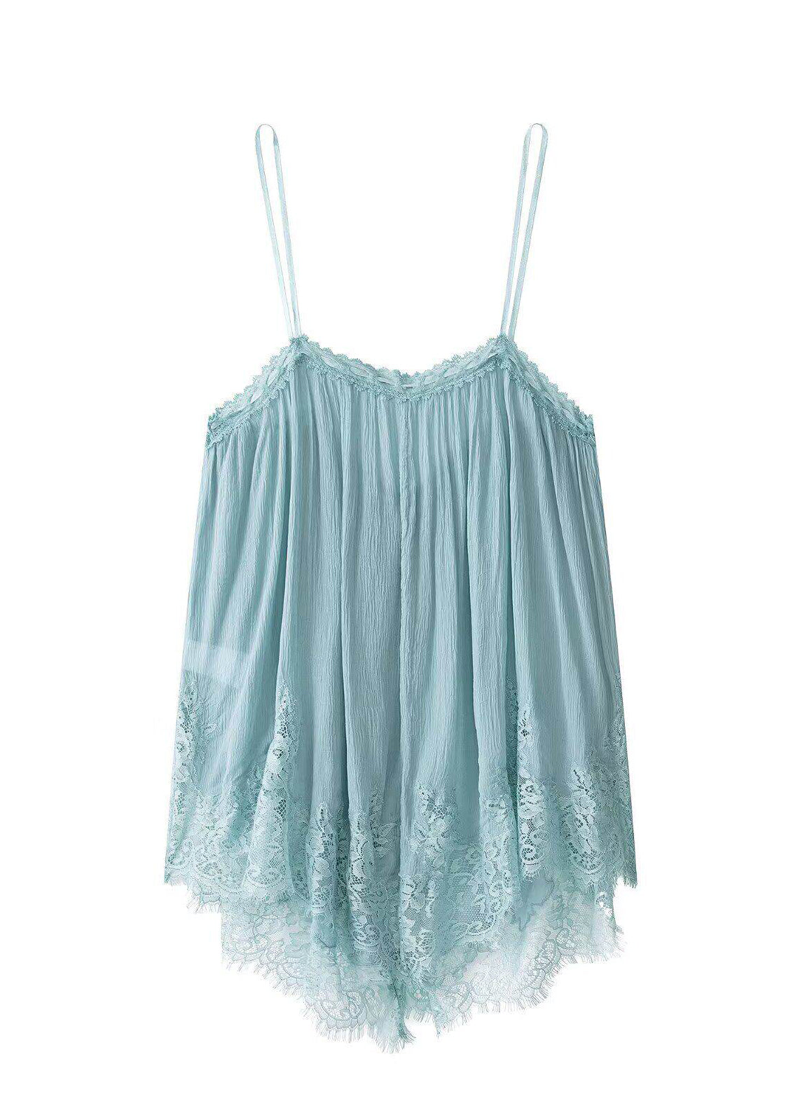 Stylish Green Patchwork Chiffon Spaghetti Strap Top Sleeveless