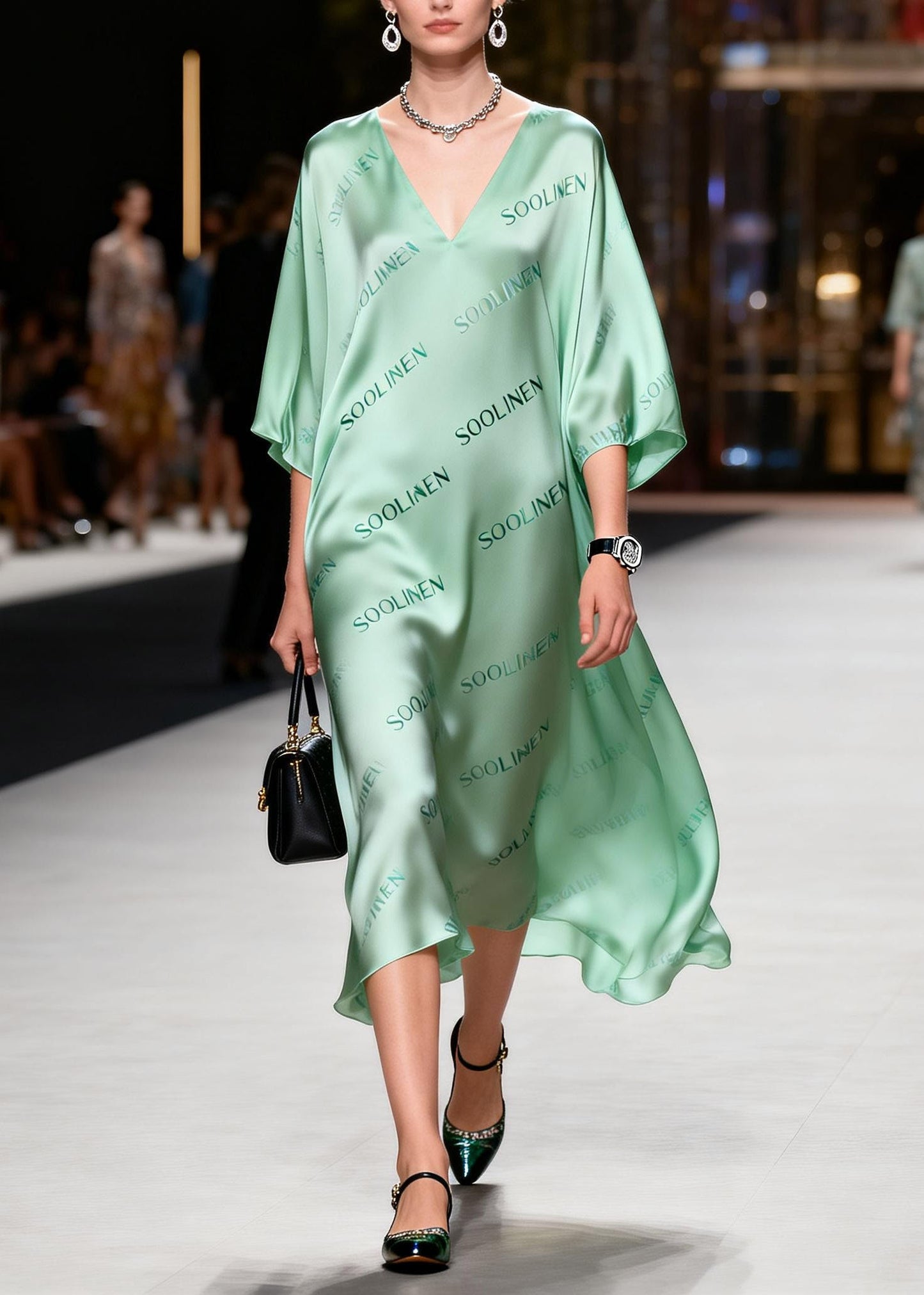Stylish Green Print Silk Long Dresses Lanter Sleeve
