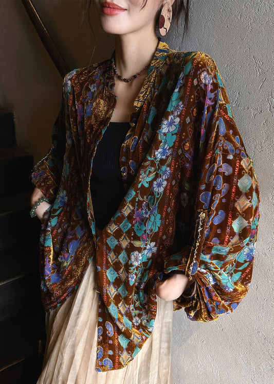 Stylish Green Stand Collar Print Button Velour Shirts Fall