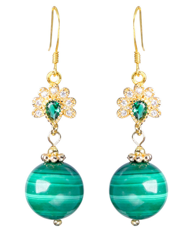 Elegantes pendientes colgantes de malaquita y circonita dorada en plata de ley verde