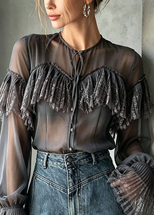 Stylish Grey O Neck Lace Patchwork Chiffon Shirt Top Flare Sleeve