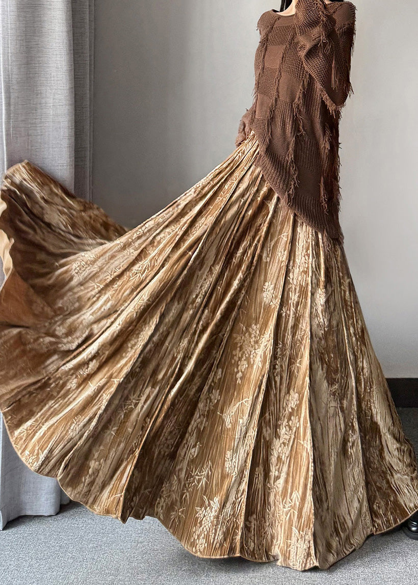 Stylish Khaki Jacquard Exra Large Hem Silk Velvet Skirts Spring