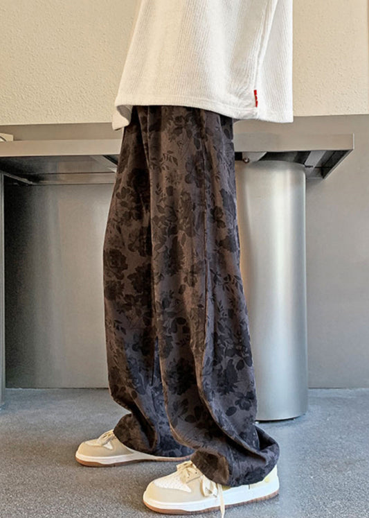 Stylish Khaki Print Elastic Waist Corduroy Mens Pants