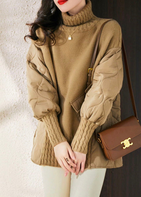 Stilvolle Khaki Rollkragen Tasche Patchwork Baumwolle Gefüllt Stricken Pullover