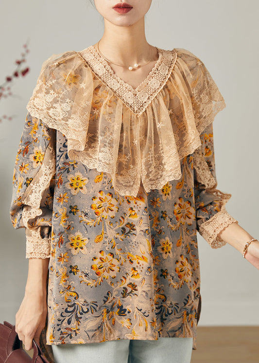 Stilvolle Khaki V-Ausschnitt Print Chiffon Shirt Top Frühling