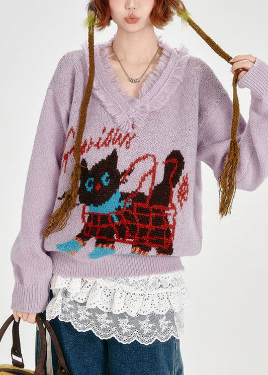 Suéteres de punto jacquard con gato y borlas de lavanda para invierno