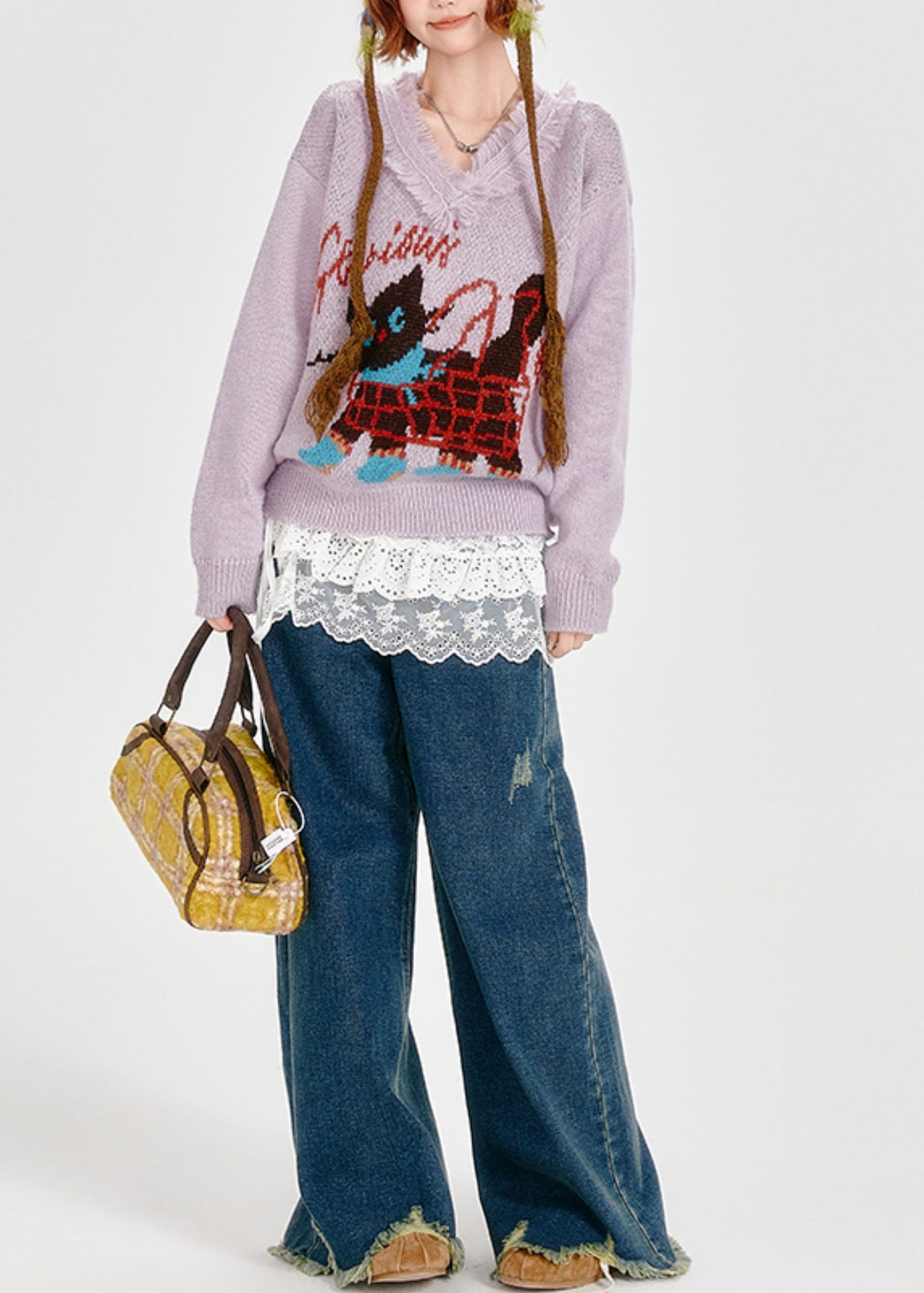 Suéteres de punto jacquard con gato y borlas de lavanda para invierno