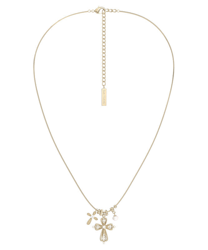 Stylish Lighg Gold Copper Overgild Pearl Zircon Cross Pendant Necklace
