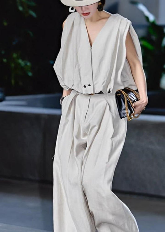 Stylish Light Grey V Neck Linen Two Pieces Set Sleeveless
