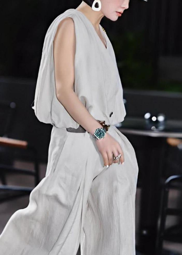 Stylish Light Grey V Neck Linen Two Pieces Set Sleeveless