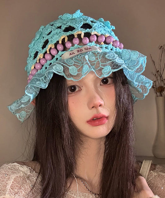 Stylish Mulberry Hollow Out Lace Patchwork Knit Bucket Hat