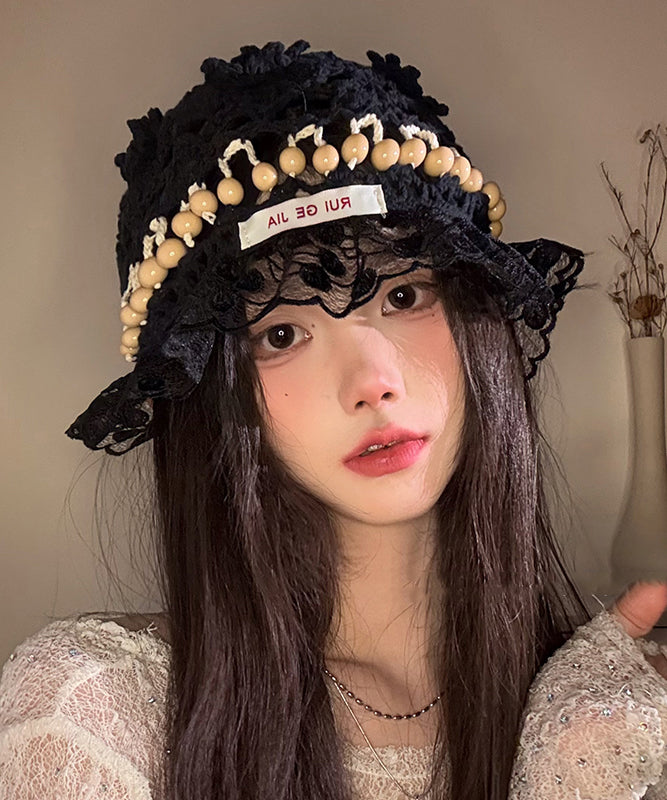 Stylish Mulberry Hollow Out Lace Patchwork Knit Bucket Hat