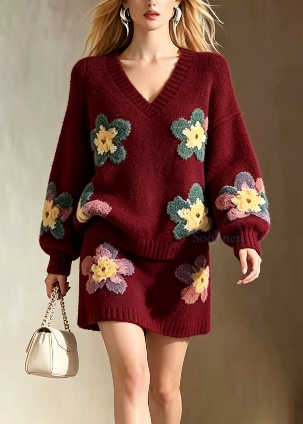 Stylish Mulberry V Neck Floral Knit Sweater And Skirts Two Pieces Set Fall
