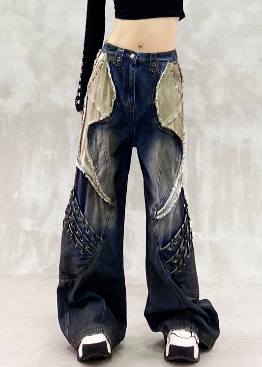 Stilvolle marineblaue Oversize-Patchwork-Jeans für den Frühling