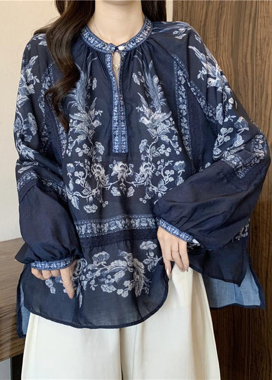 Stylish Navy Oversized Print Cotton Shirt Top Fall