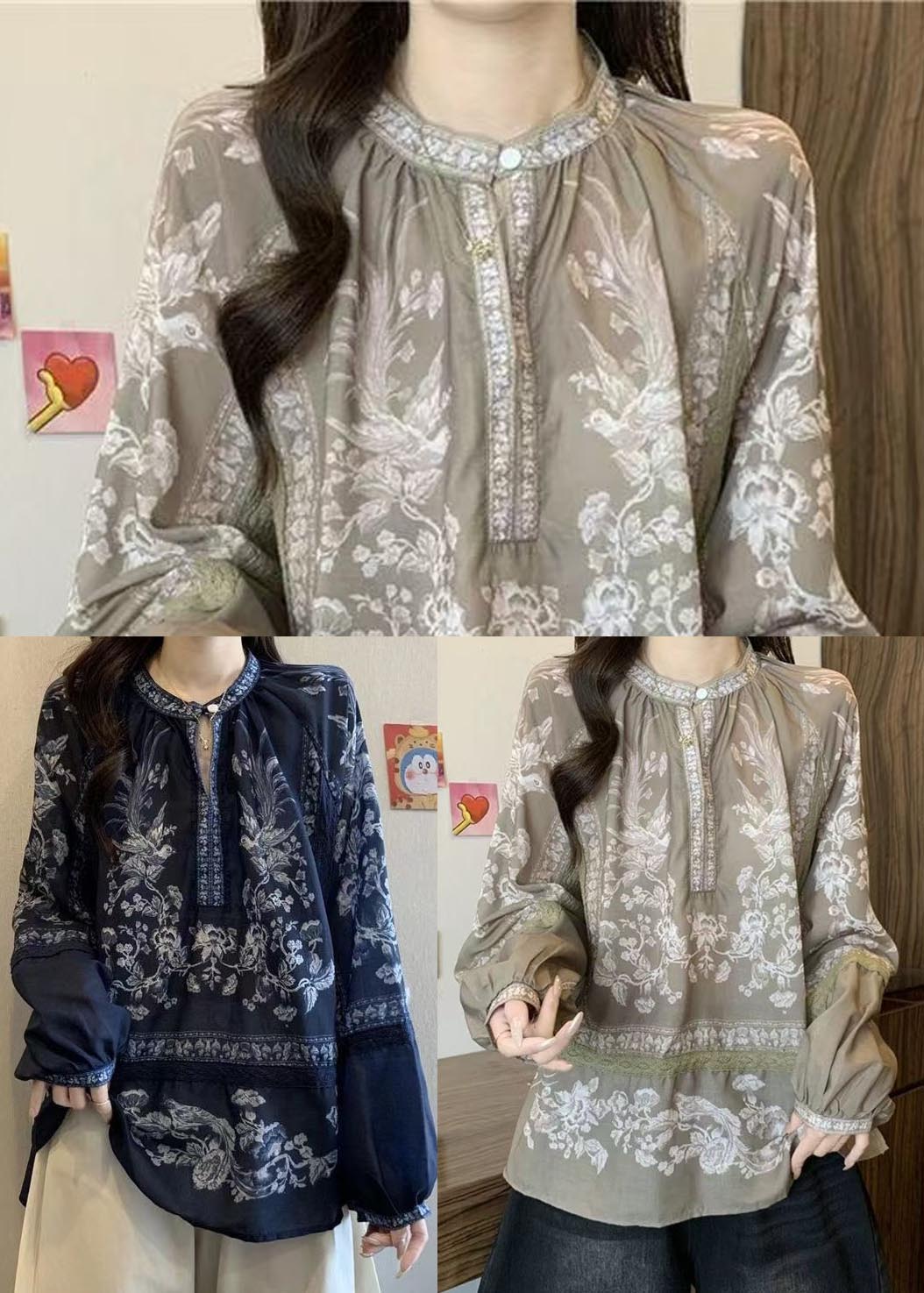 Stylish Navy Oversized Print Cotton Shirt Top Fall