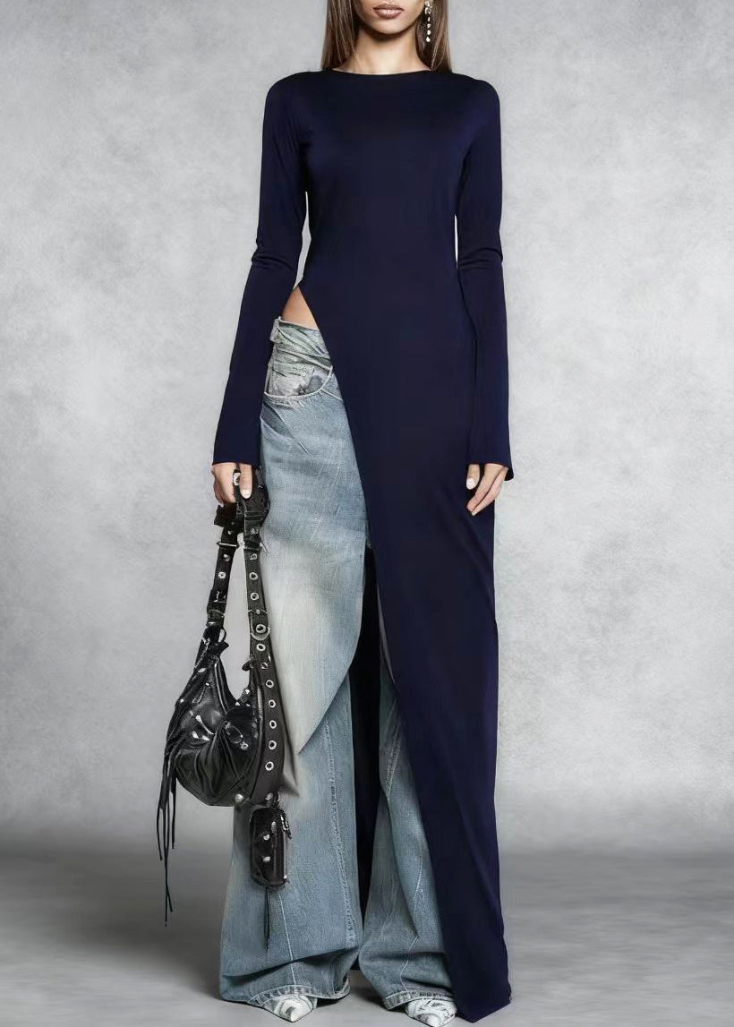 Stylish Navy Side Open Silm Fit Cotton Long Dress Spring