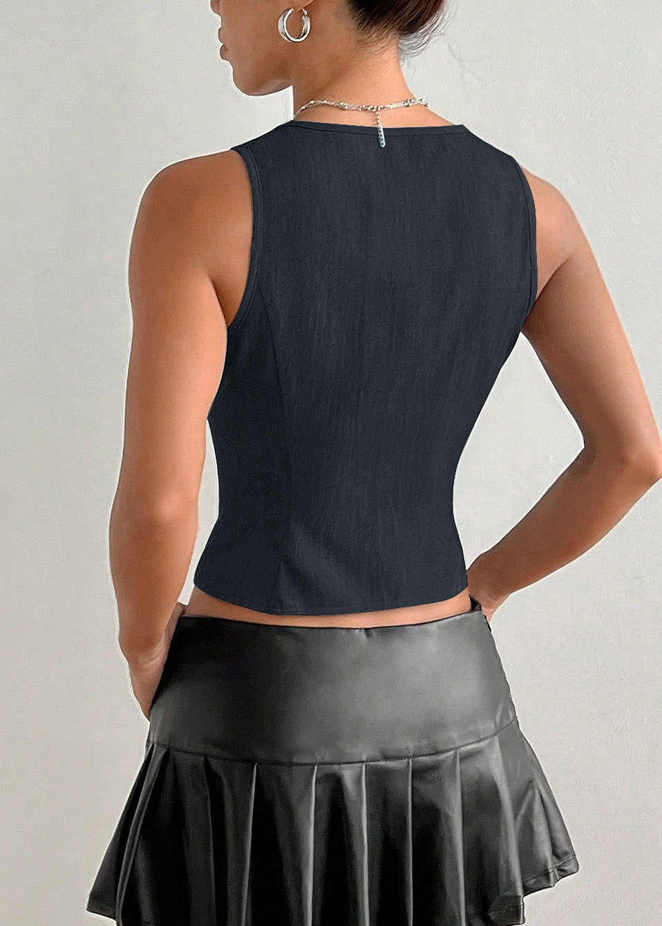 Stylish Navy V Neck Lace Up Cotton Top Sleeveless