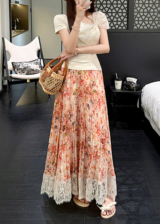 Stylish Orange Print Lace Patchwork Chiffon Pleated Skirt Summer