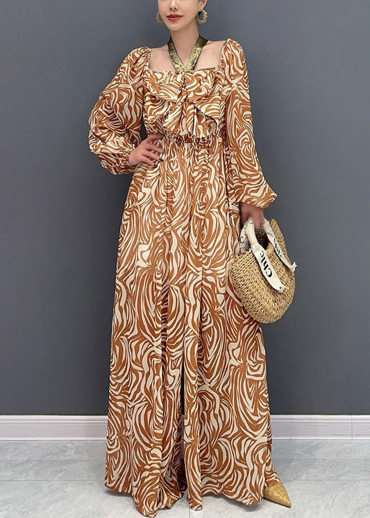 Stylish Orange Square Collar Print Chiffon Jumpsuit Fall