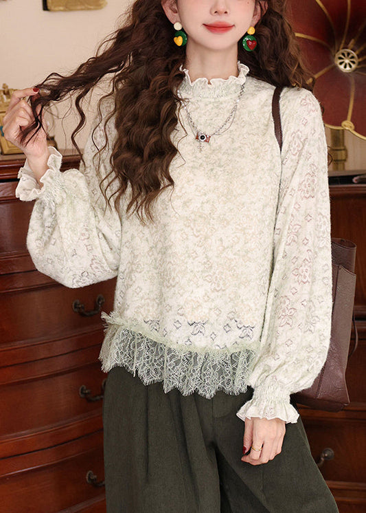 Stylish Pale Green Ruffled Lace Patchwork Knit T Shirt Spring