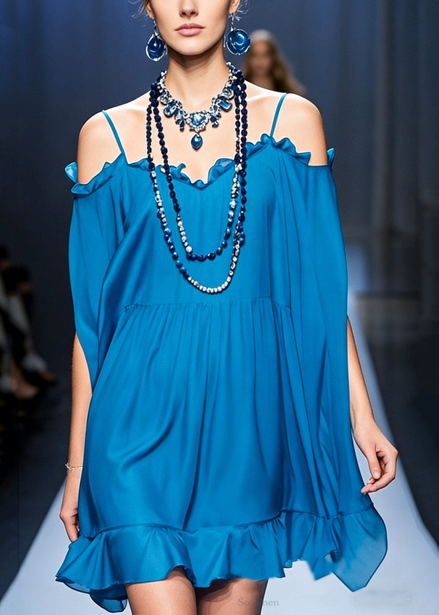 Stylish Peacock Blue Cold Shoulder Ruffled Chiffon Spaghetti Strap Dress Summer