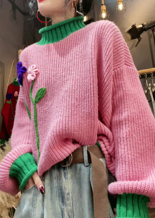 Suéter de punto con cuello alto y estampado floral de patchwork rosa elegante para invierno