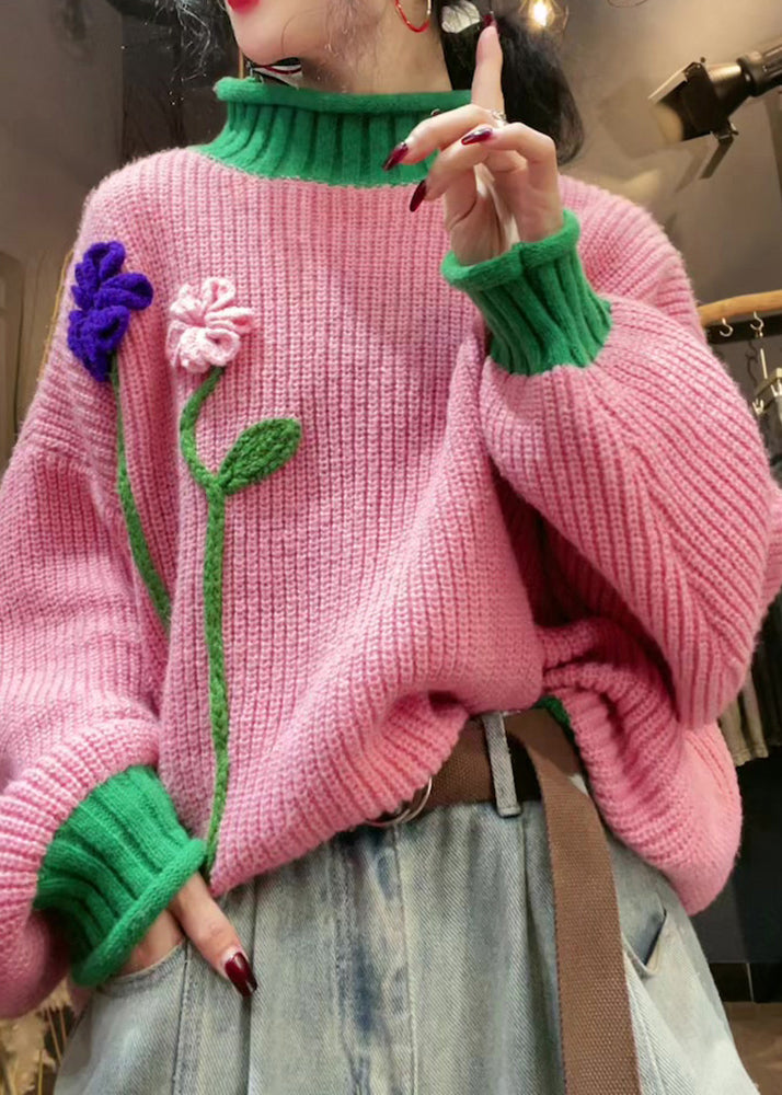 Suéter de punto con cuello alto y estampado floral de patchwork rosa elegante para invierno