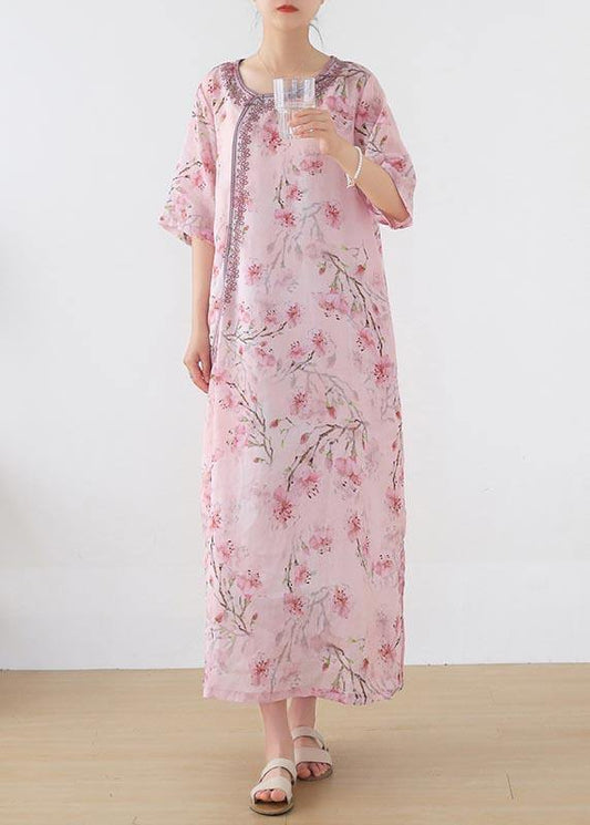 Stylish Pink Print Floral Oriental Summer Linen Dress - SooLinen