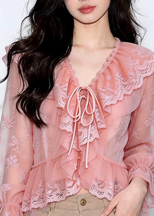 Stylish Pink Ruffled Lace Up Patchwork Chiffon Tops Long Sleeve