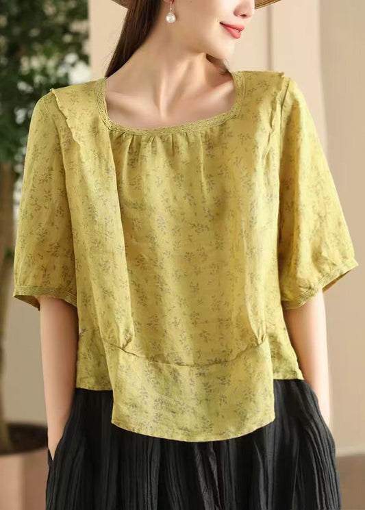 Stylish Pink Square Collar Print Wear On Both Sides Linen Blouses Summer