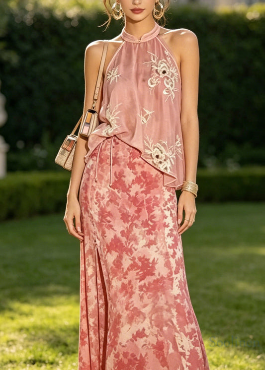 Stylish Pink Tulle Embroidered Top And Velour Skirts Two Piece Suit Set Summer