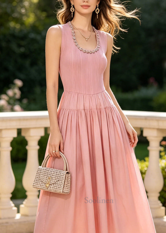 Stylish Pink U Neck Zircon Patchwork Cotton Dress Sleeveless
