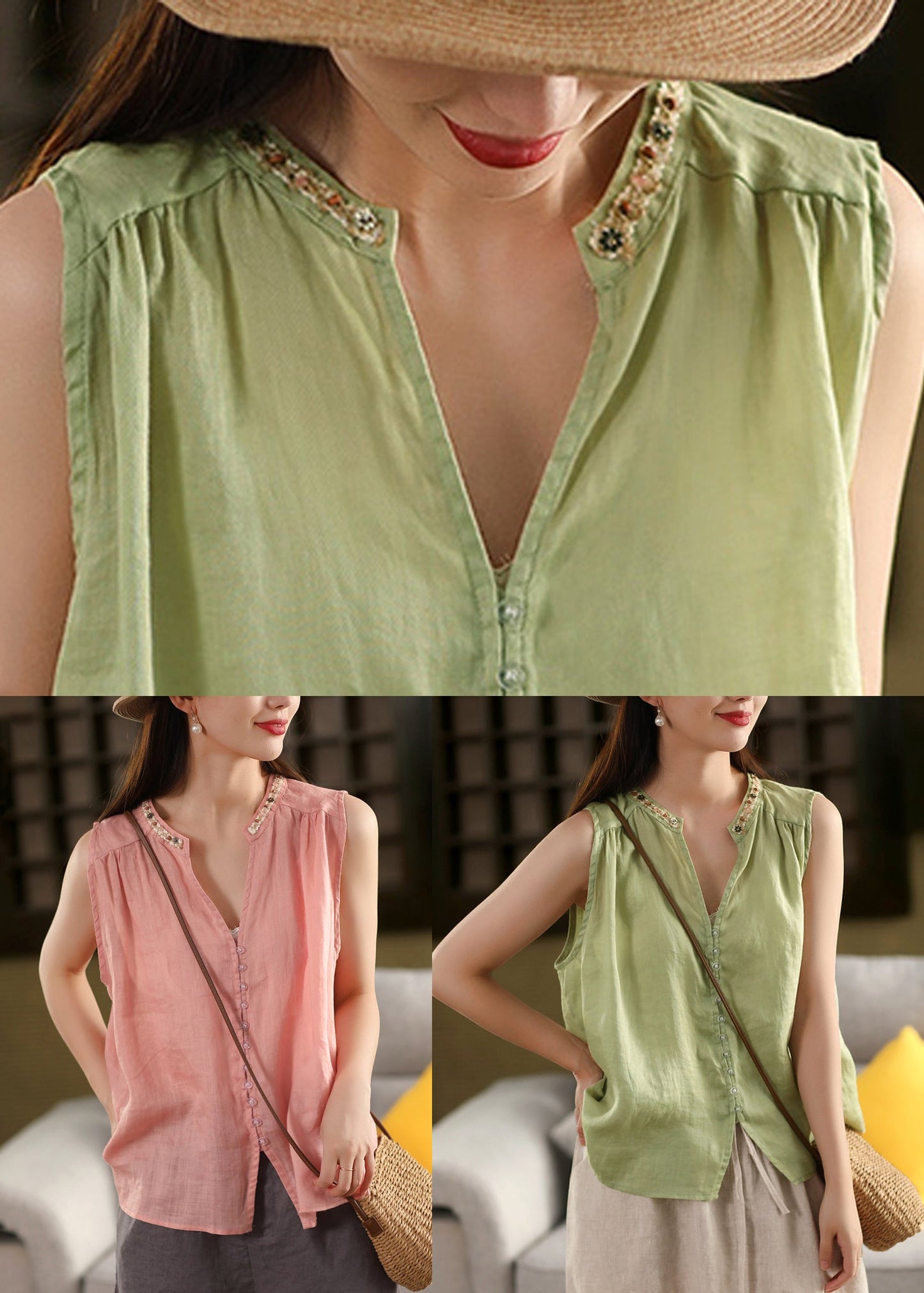 Stylish Pink V Neck Button Linen Blouses Sleeveless