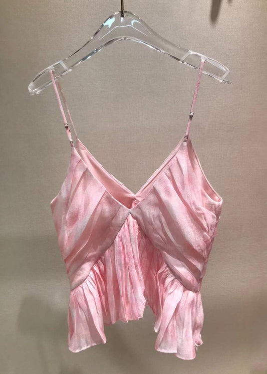 Stylish Pink V Neck Wrinkled Spaghetti Strap Tank Sleeveless