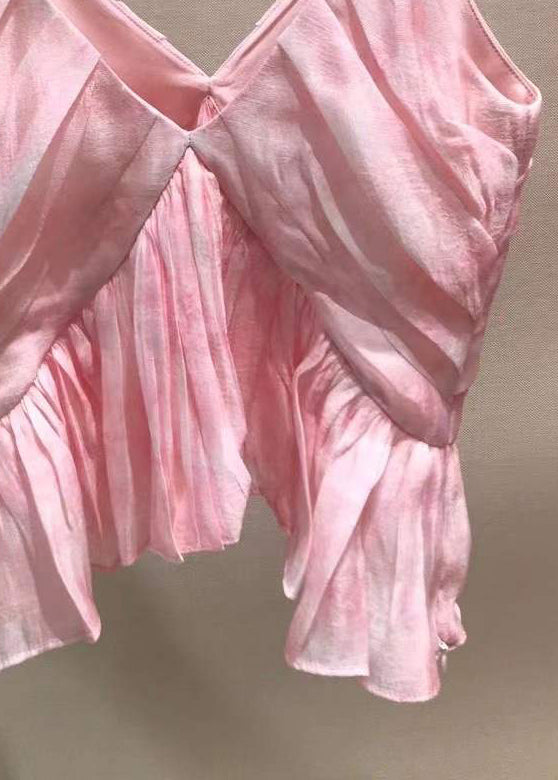 Stylish Pink V Neck Wrinkled Spaghetti Strap Tank Sleeveless