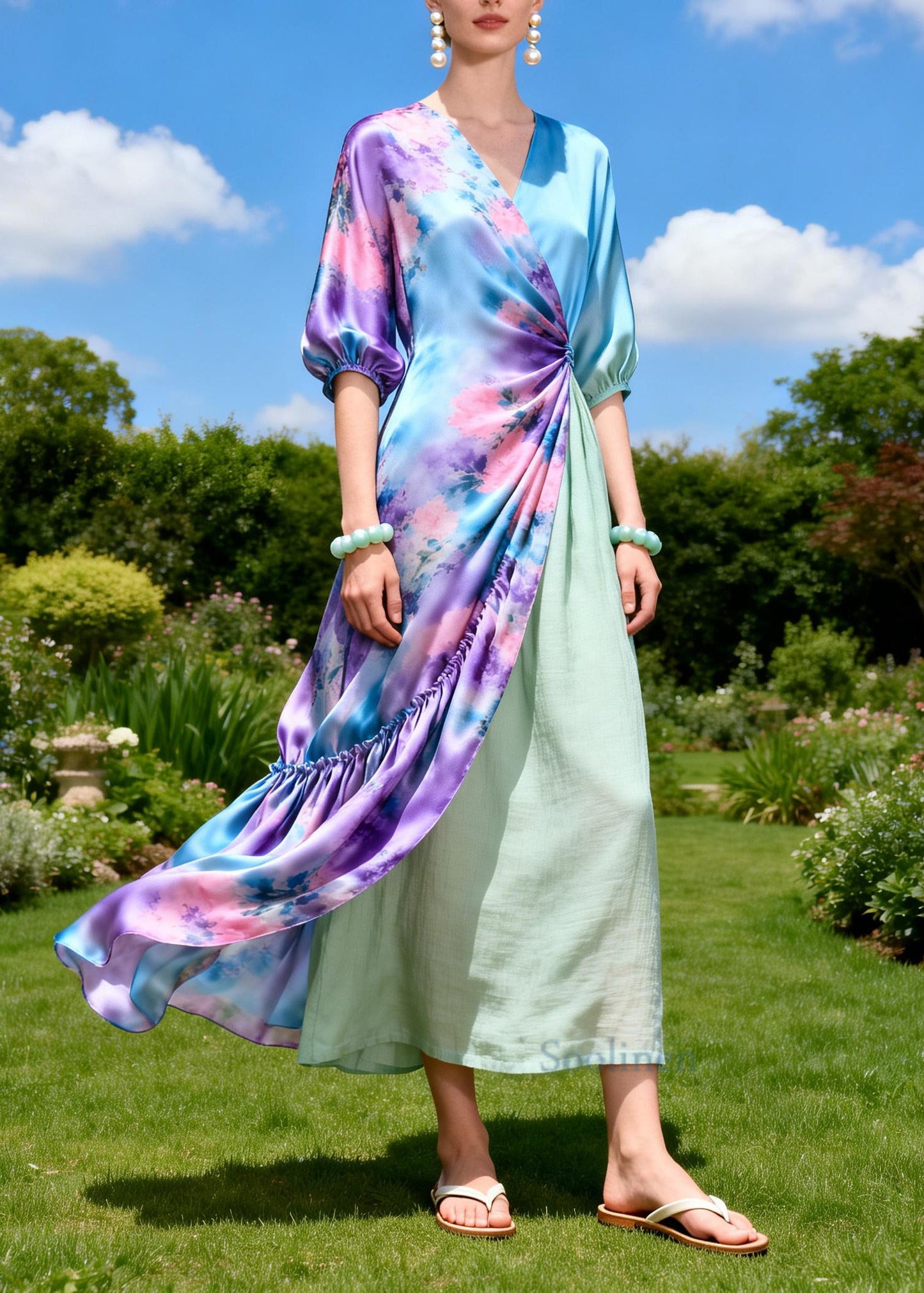 Stylish Purple Asymmetrical Patchwork Tie Dye Silk Long Dress Summer